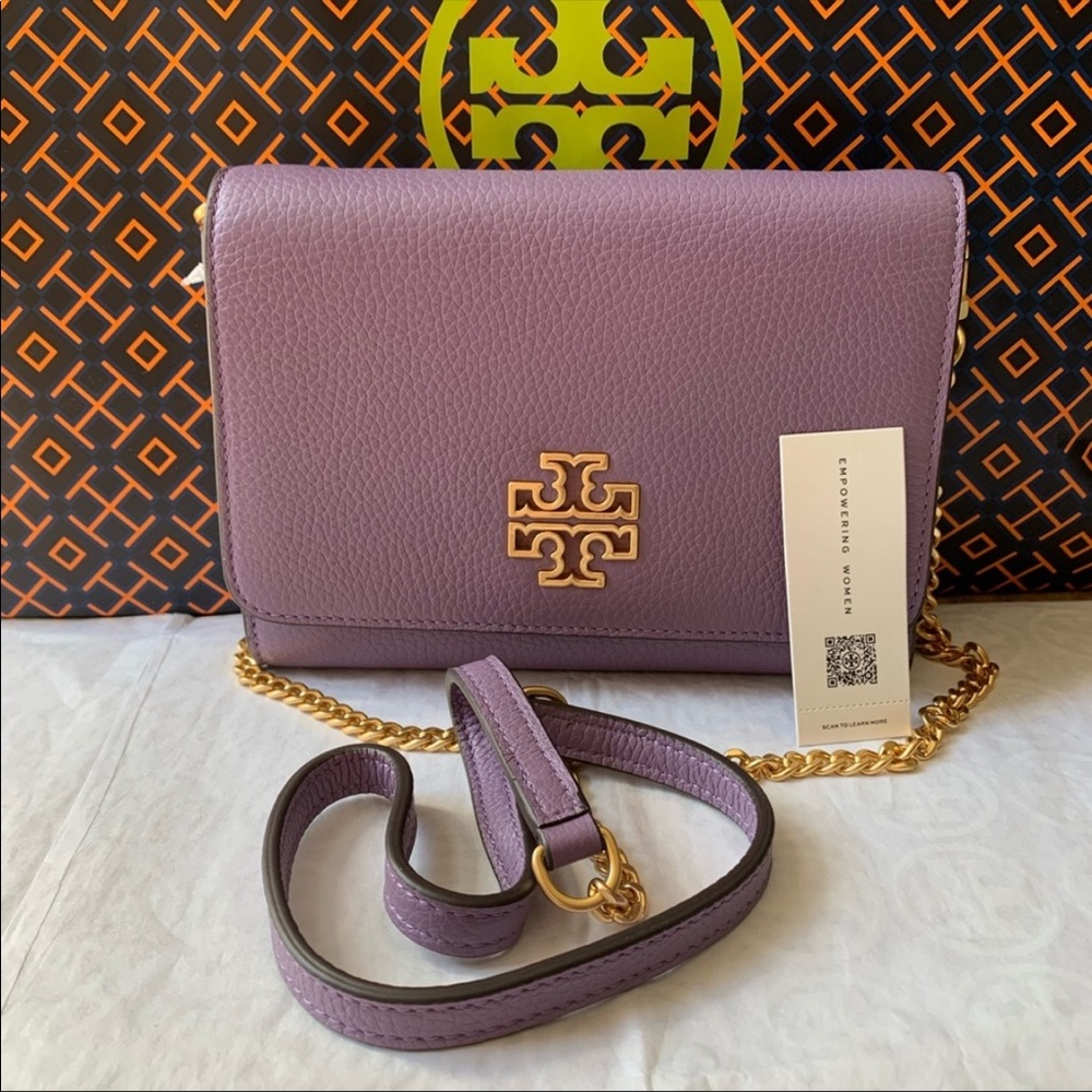 Used Tory Burch Britten chain wallet in Allium lilac purple